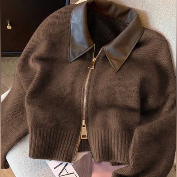 Jackets & Blazers - New Women's Brown  Jacket with Leather Collar double zipper cardigan